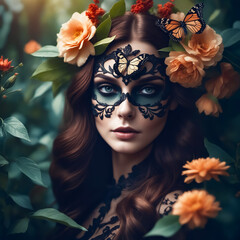 Poster - A woman with a mask on her face and butterflies on her head. The woman is surrounded by orange flowers