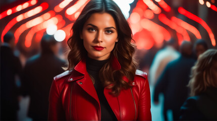 Poster - A woman in a red leather jacket stands in front of a crowd of people. She is wearing a red lipstick and has long hair. The image has a bold and confident mood, with the woman standing out in the crowd