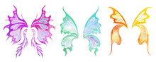 Vector Set Of Watercolor Silhouette Fairy Wings. Collection Of Colorful Different Butterfly Wings Isolated From Background. Fairy Tale Design Elements For Icon And Stickers