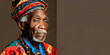 Confident African elder in colorful traditional clothing and headdress, his face a blend of kindness and lived wisdom, set against a muted backdrop.