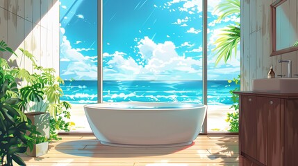 Wall Mural - Luxury Beachfront Bathroom with Ocean View lofi anime cartoon relaxing vibe
