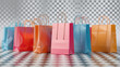 Close-up of a tourist shop featuring colorful shopping bags on a transparent background.