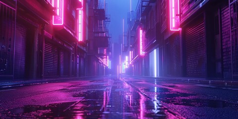 Wall Mural - A visually stunning 3D image of a cyberpunk-inspired metropolis with neon lights, a desolate street, and a gritty urban setting.