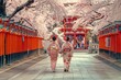 During peak cherry blossom season, Japanese ladies wearing traditional Yukata wander near  Shrine.