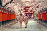 Fototapeta Młodzieżowe - During peak cherry blossom season, Japanese ladies wearing traditional Yukata wander near  Shrine.