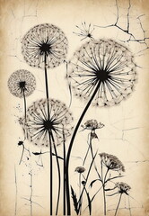  Abstract Mid-century vintage fine art floral wall art background beige black colors . Dandelions Poster. Minimal Flowers wall art. Floral card.