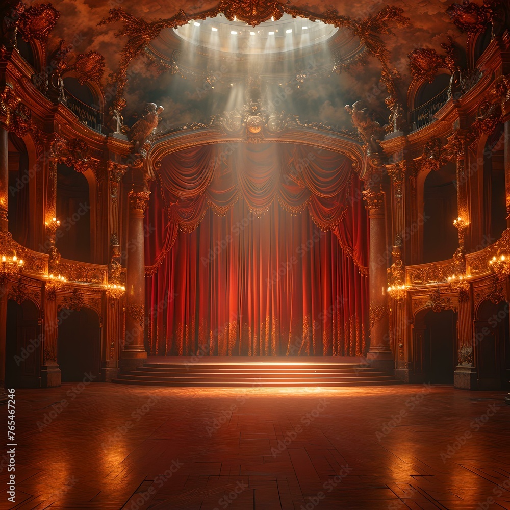 Opulent vintage theater interior bathed in dramatic lighting. empty ...