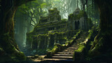 Fototapeta Las - An ancient temple overgrown with vines and moss.