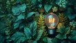 Glowing light bulb nestled among lush green leaves symbolizes innovation and eco-friendly energy concepts