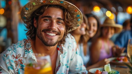 Wall Mural - Smiling man in a straw hat holding a drink, with people in the background socializing