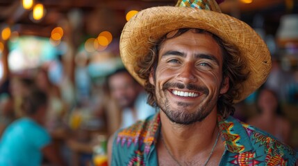 Wall Mural - Smiling person wearing a straw hat with a blurred background suggesting a social gathering