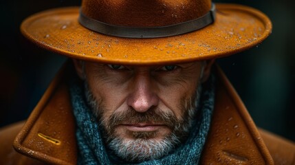Canvas Print - Man with intense gaze wearing a water-droplet covered hat and a leather coat, looking serious