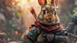 Warrior rabbit in armor with a quiver of arrows set against a fiery, battle-like background