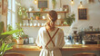 Back view of female in cafe. Young girl standing at coffee shop counter with sunlight