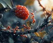 A brigade of ants cooperatively maneuvers a fallen berry, a macro scene of teamwork in the underbrush, macro photography.