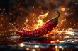 © tohceenilas - A chili pepper amidst a fiery splash of water, its red color vibrant and lively against the contrasting dark,