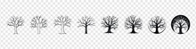 Dry Tree Icon Set, Black Tree Without Leaves On White Background, Trees With Roots, Trees Silhouettes Set.
