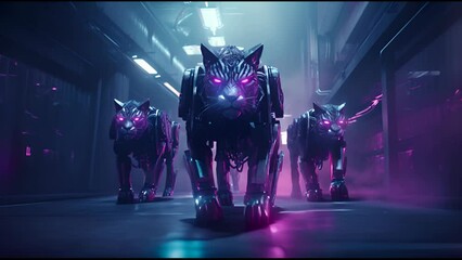 Wall Mural - Anthropomorphic fantasy soldier cat in cyborg armor. Fantastic android kitten with weapon in cyberpunk style. Technology and future war concept.