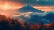 Photo of the mountain peak with dense forest in front, unsplash photography style, with sun rise illustration japan anime style long shot