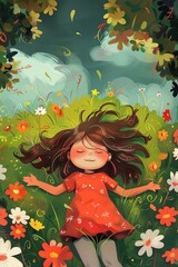 Wall Mural - The girl lies on a beautiful meadow, the sun is shining. Cartoon style illustration