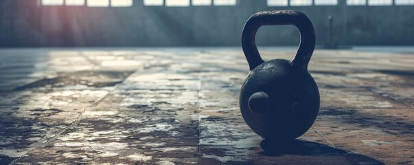 Wall Mural - kettlebell putted on the floor in gym background. Crossfit heavy kettlebell training acessories