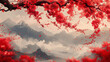 Vibrant digital art of a mountainous landscape with red blossoming trees forming a heart shape in the sky.