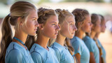 Fototapeta  - Portrait of athletic girls standing in a row with ponytails on their heads