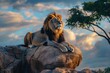 Large, powerful male lion sits on a tall boulder at sunset at our local zoo. Closing time means feeding for many of the animals. 