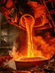 Molten steel stream in industrial foundry - Intense image capturing the pouring of molten steel in a foundry, showcasing immense heat and the raw power of industrial manufacturing