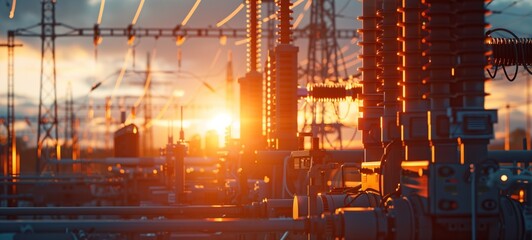 Substation at sunset with detailed switchgear and transmission towers. The golden hour light casts a warm glow over the electrical equipment, highlighting the intricate details