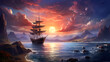 Fantasy Oil painting sunset sea landscape with ship