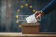 European Union elections concept image background , ballot box with EU flag colors and stars and hand holding a ballot paper voting, Generative AI