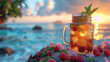 A refreshing cocktail served in a mason jar, garnished with mint leaves and berries, placed on a beachside bar with a panoramic view of the sea.