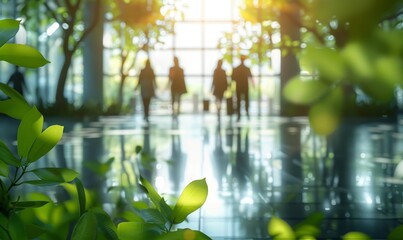 Blurred background of people walking in a modern office building with green trees and sunlight , eco friendly and ecological responsible business concept image with copy, Generative AI