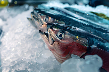 Wall Mural - Fresh tuna on ice, seafood market concept.