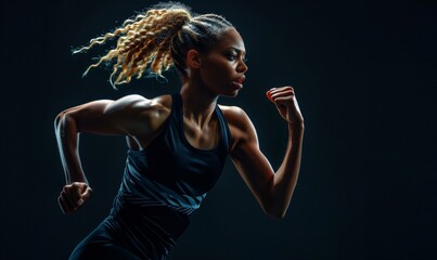 A strong athletic, woman sprinter, running on black background wearing in the sportswear, fitness and sport motivation concept, Generative AI