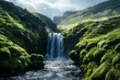 a waterfall in a valley