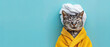 Charming cat covered in a yellow towel, head wrapped with a matching towel, embodying leisure and spa vibes