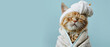 A cheerful cat, eyes closed in delight, snug in a towel and turban, emanating relaxation and joy