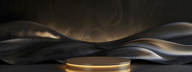 Wall Mural - A minimalistic abstract background for product presentations, featuring a black and gold podium. Black background with golden lines and podium for product presentation, luxury premium design.