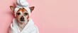 Playful dog in a white robe against a soft pink background enjoying a spa-like experience