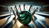 Fototapeta  - A glossy bowling ball as it hits the front pin in a bowling alley. The image emphasizes the explosive impact and scattering of the pins.