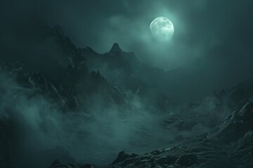 Wall Mural - night time fog covered mountain lit by bright full moon. makes for a spooky background for halloween
