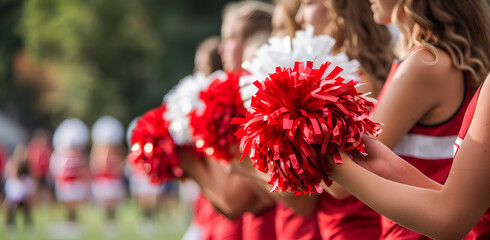 cheerleaders holding red and white pompoms at high school american football game