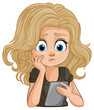 Cartoon of a concerned woman looking at her phone