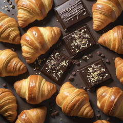 two croissants and chocolate colourful background