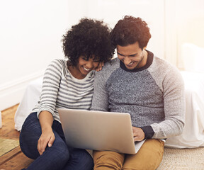 Sticker - Couple, laptop and living room with happiness, smile and love for home or house date. Man, woman and lounge for internet, tech and social media for bonding and loving relationship or marriage on sofa