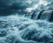 Floating hydroelectric generators, ESG renewable focus, frontal close-up, turbulent water, stormy sky, high resolution