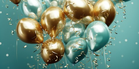 Wall Mural - Bunch of gold and silver balloons with gold and silver streamers