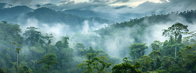 Wall Mural - Panoramic view of misty rainforest trees with fog and rays, showcasing the natural beauty of a lush tropical rainforest canopy. Drone view with copy space.